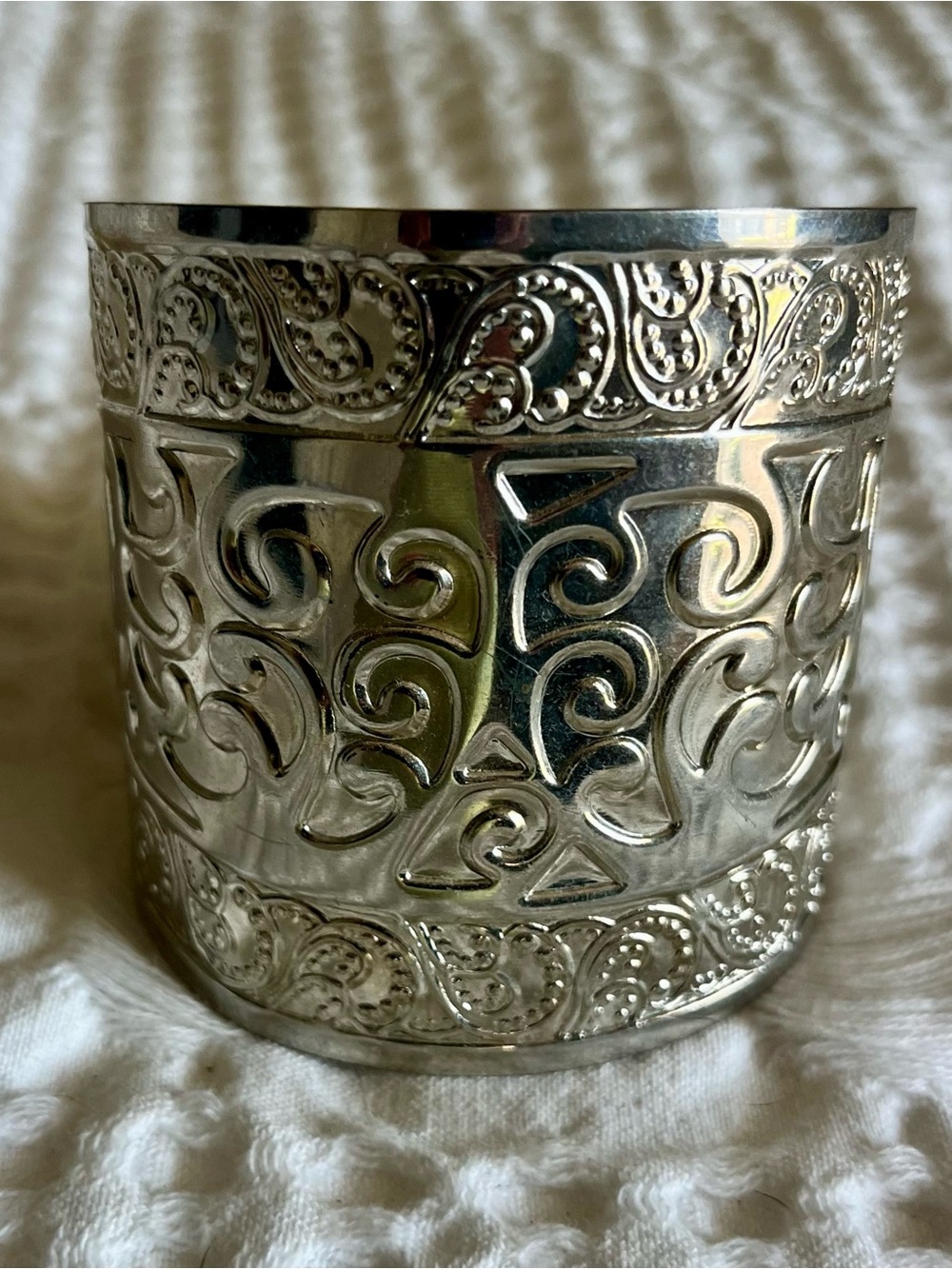 Intricate Silver-Tone Cuff Bracelet with Scrollwork Design